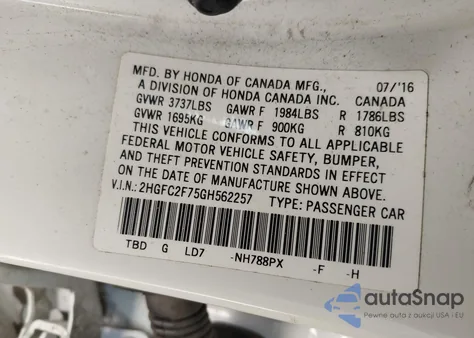 2016 Honda Civic Ex z USA, uszkodzony, nr VIN 2HGFC2F75GH562257